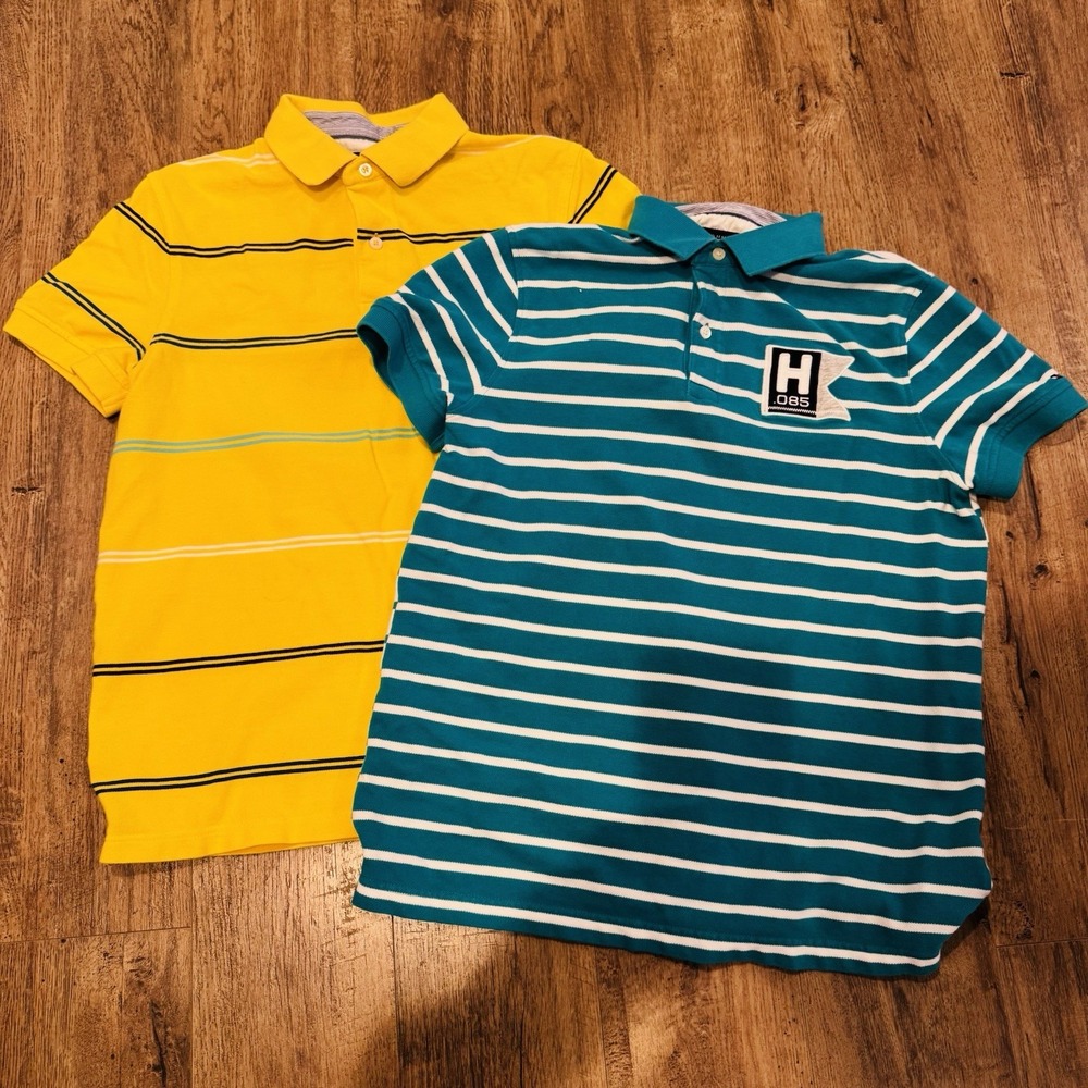2 Tommy Hilfiger Lot Polo Short Sleeve Shirts Yellow Turquoise Stripped  Size M
